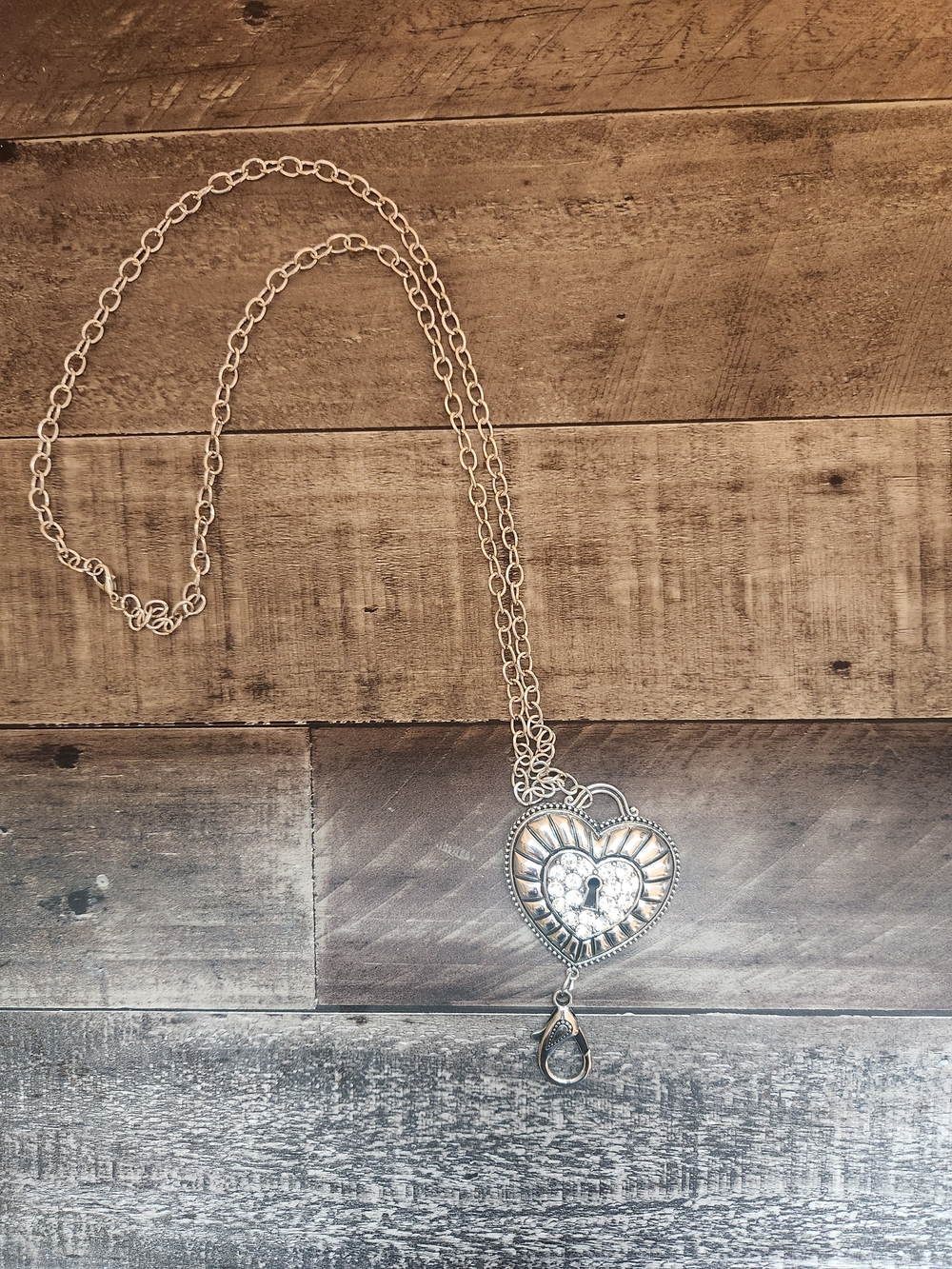 Silver Heart Pendant ID Tag Necklace with Clear Crystal Accent